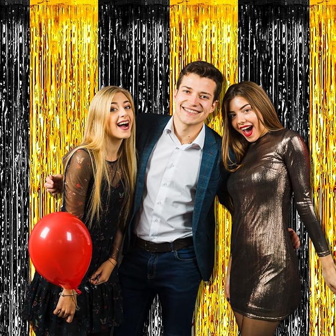 4 Pack Black Gold Foil Fringe Curtain Backdrop, 3.28Ft x 8.2Ft Metallic Tinsel - Image 5