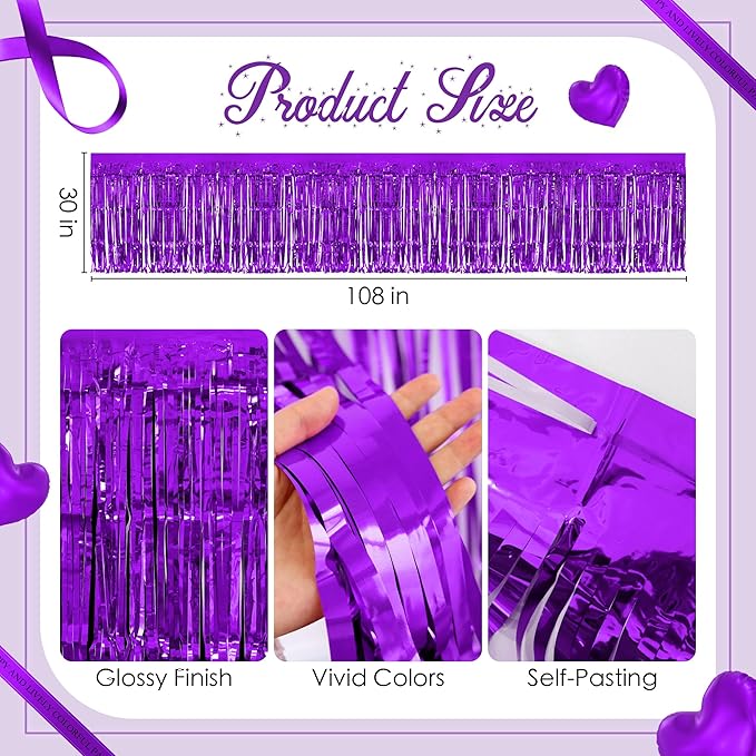 2 Pack Dark Purple Table Skirts, 29x108" Metallic Foil Tinsel Fringe Table - Image 3