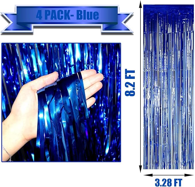 4 Pack Blue Foil Fringe Curtain Backdrop, 3.28Ftx8.2Ft Metallic Tinsel Streamers - Image 2