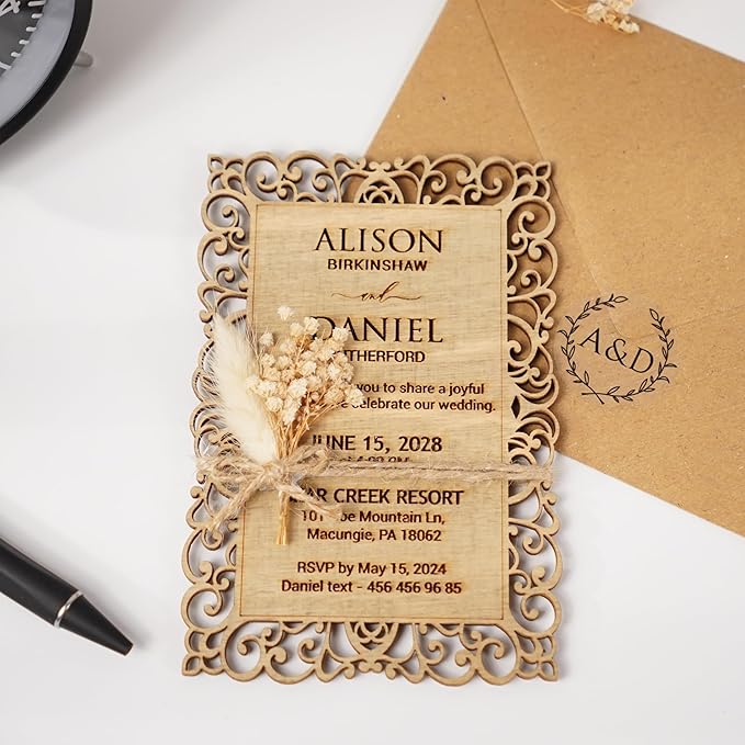 Personalized Wedding Invitations, Laser Cut Wedding Invitation, Flower Wooden - Image 3