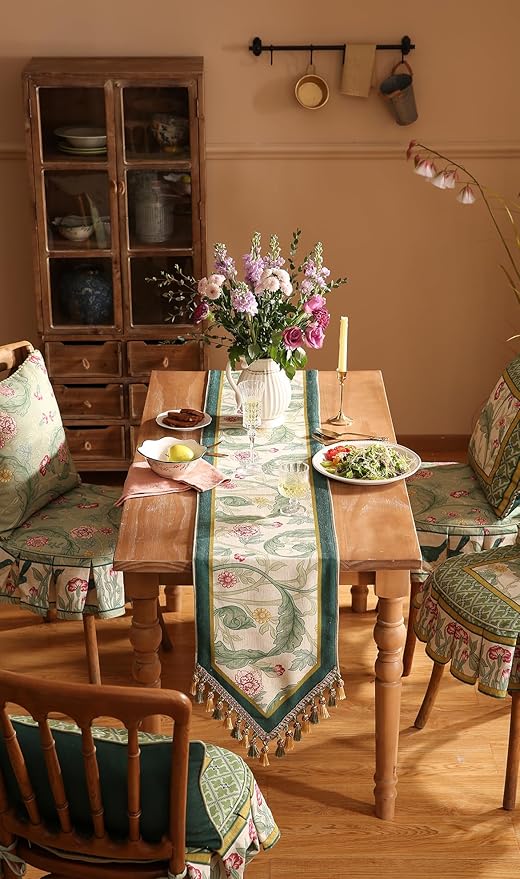 patdrea Designer Green Floral Extra Long Table Runner, French Elegant Vibrant - Image 8