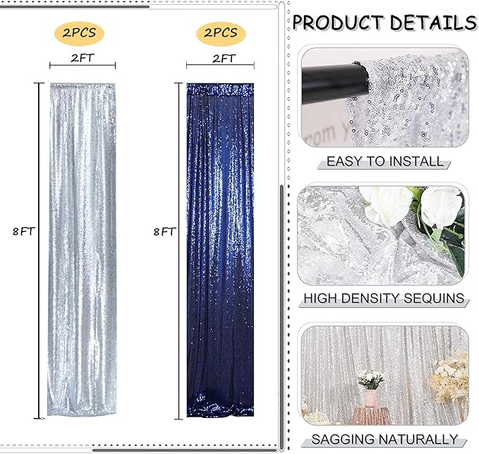 Sequin Backdrop Curtain 4 Panels 2FTx8FT Glitter Background Drapes Silver and - Image 2