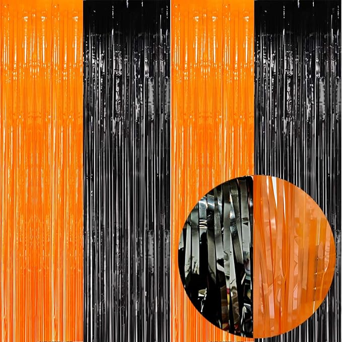 Foil Fringe Curtains-4 Pack of 3.2x8.2ft Orange Black Foil Fringe Curtains by EUFARS