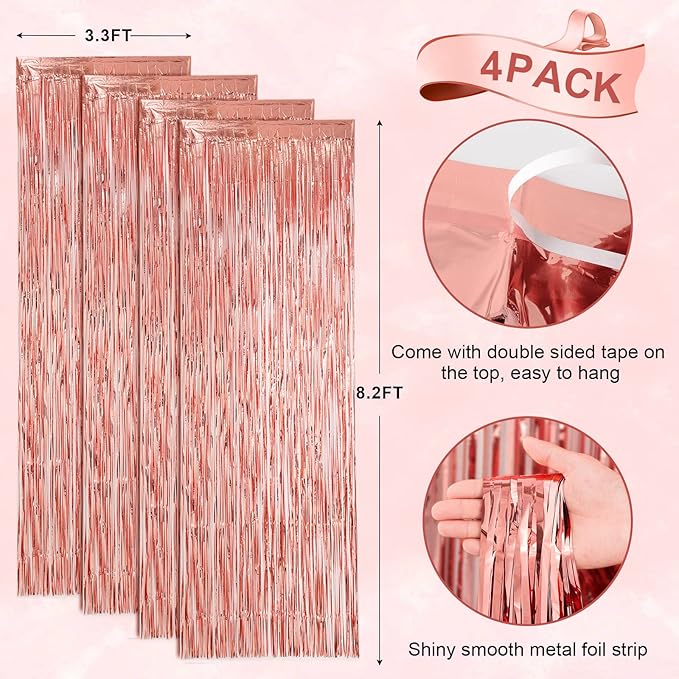 4 Pack Rose Gold Foil Fringe Backdrop Curtains, Tinsel Streamers Birthday Party - Image 3