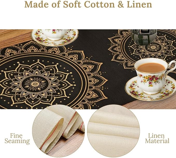 Golden Mandala Table Runner, Traditional Indian Gold Black Flower Vintage - Image 6