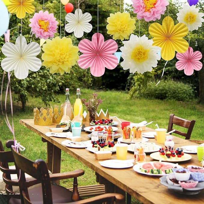 BestoFun 12PCS Paper Flowers Fans Pink Yellow Party Decorations Tissue Paper - Image 5