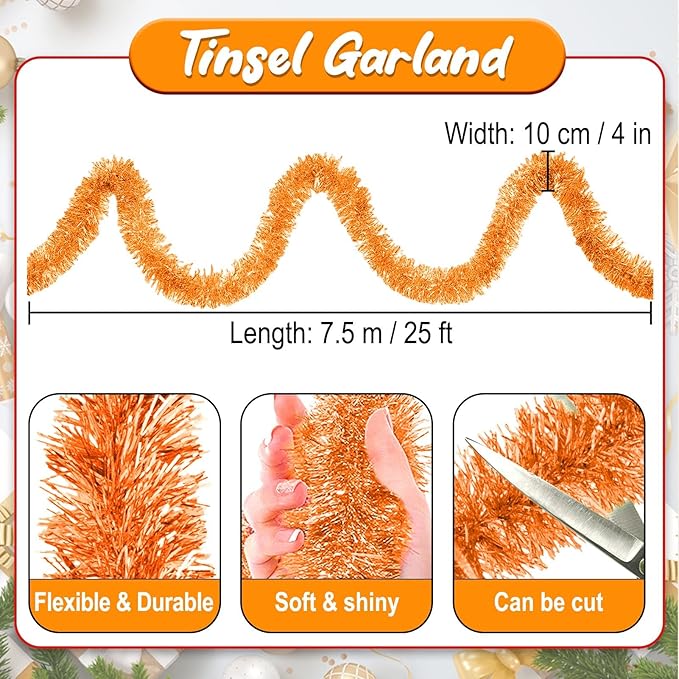 25 Feet Macaron Orange Christmas Tinsel Garland, Metallic Foil Twist Banner - Image 2