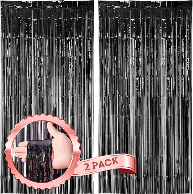 2 Pack Laser Black Foil Fringe Backdrop Curtains, Tinsel Streamers Birthday by Voircoloria