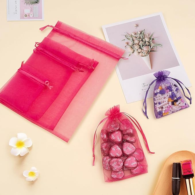 50 Pcs Hot Pink Organza Bags, 3x4 Inch Small Mesh Bags Drawstring Jewelry Pouch - Image 4