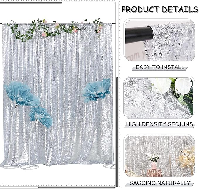 Silver Sequin Backdrop 2FTx8FT 4 Panels Silver Backdrop Curtains - Image 4
