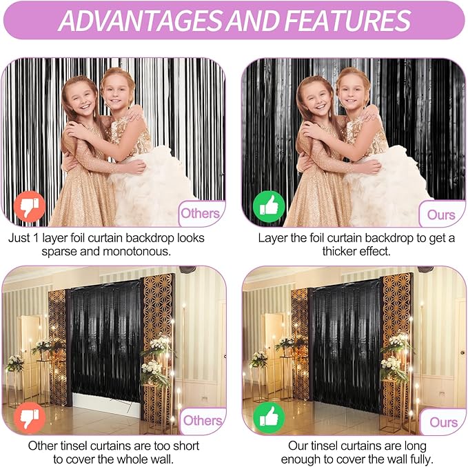 Crosize 3 Pack 3.3 x 9.9 ft Black Foil Fringe Backdrop Streamer Curtains - Image 3