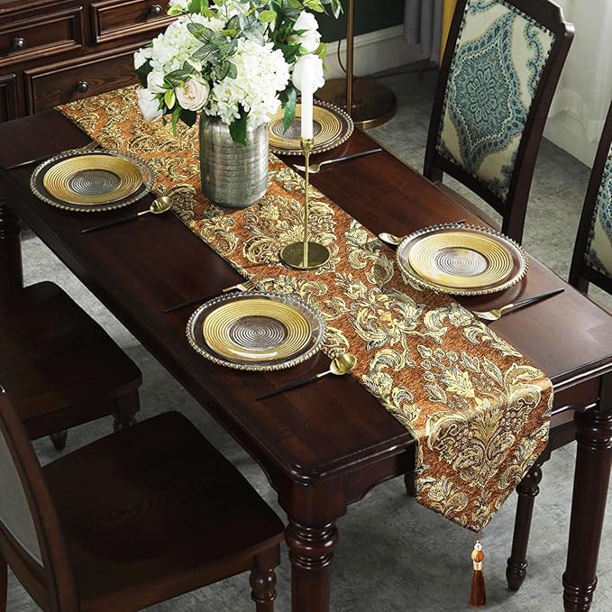 Elegant Floral Chenille Gold Jacquard Table Runner Advanced Caramel-Color - Image 3
