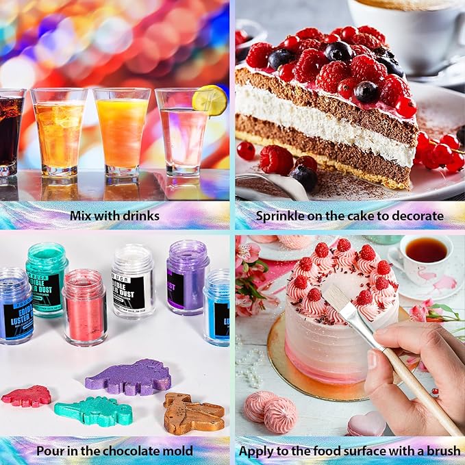 RBUGR Luster Dust Edible, 12 Colors Edible Glitter Pack, Cocktail Food Glitter - Image 5