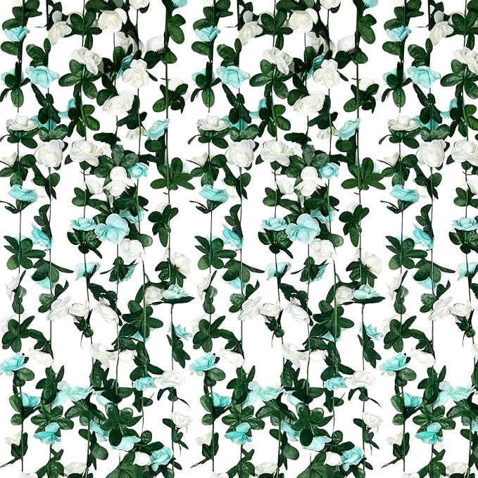8Pcs 63Ft Teal&White Rose Garland, Fake Rose Hanging Flowers, Artificial Flower by Tisspoms