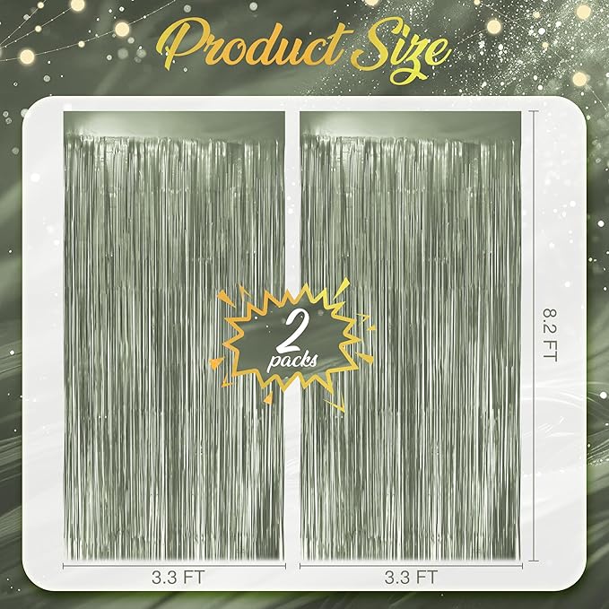 2 Pack Metallic Lime Green Fringe Backdrop, 3.2x8.2ft Shining Foil Tinsel - Image 4