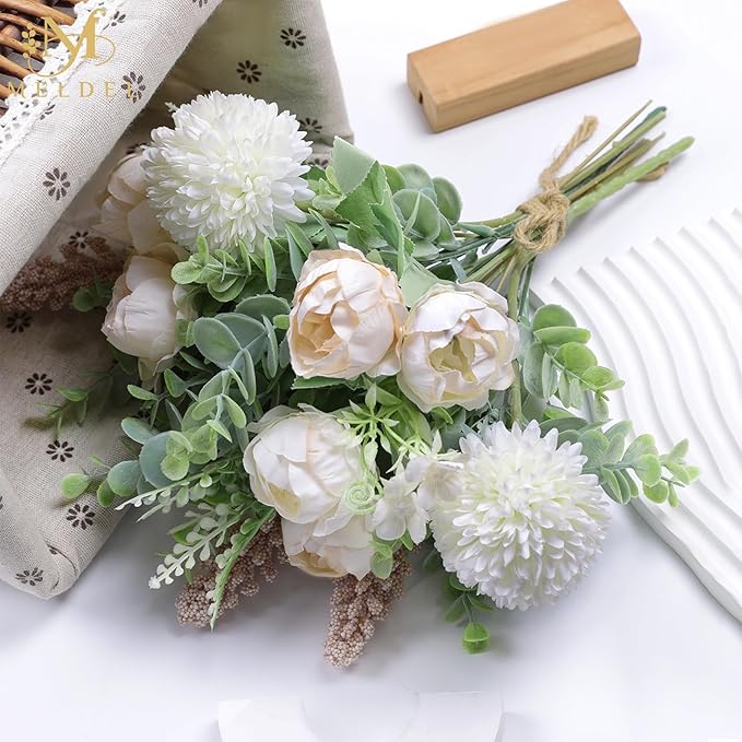 Meldel 3Pcs Rose Bouquet Light Champagne Artificial Flowers Peony Eucalyptus - Image 7