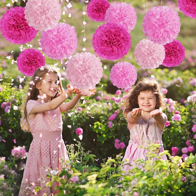 Hot Pink Tissue Pom Poms Paper Flowers Hanging Decorations Pink Flower Ball - Image 6