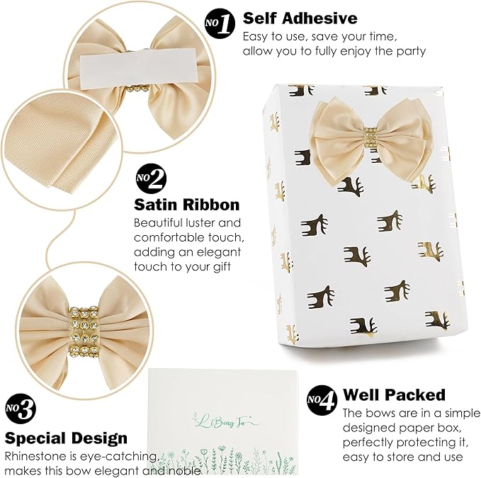 Champagne Gold Ribbon Bow 4'' Premade Satin Bows, Gift Bows - Image 3
