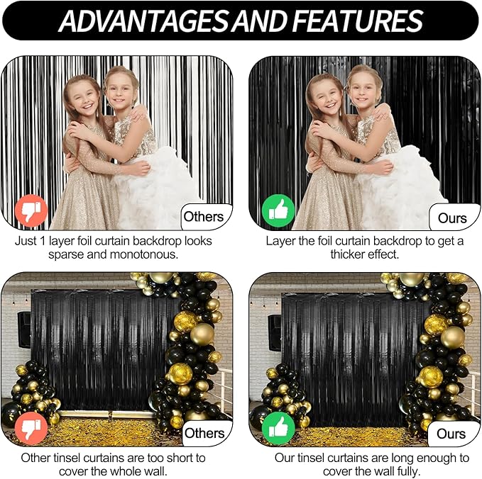 2 Pack Black Foil Fringe Curtains Streamers Party Decorations 3.3 x 8.2 ft - Image 3