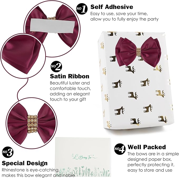 Dark Red Ribbon Bow 4'' Premade Satin Red Bows, Burgundy Gift Bows - Image 3
