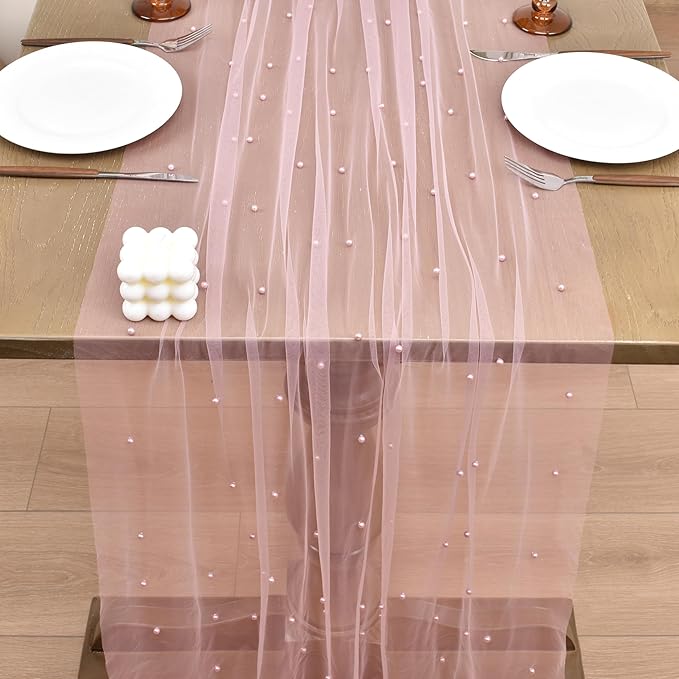 Joanlody Fall Pearl Table Runner 10ft Rustic Boho Tulle Table Runner - Image 5