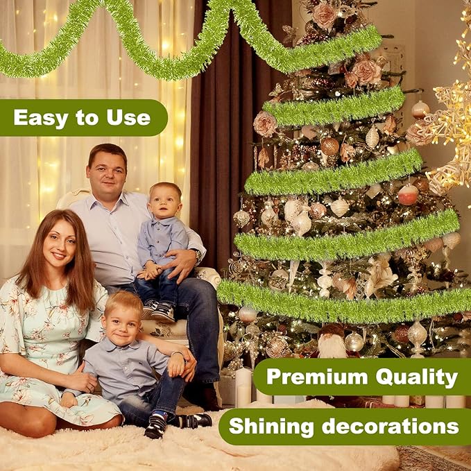25 Feet Light Green Christmas Tinsel Garland, Metallic Foil Twist Banner Wall - Image 4