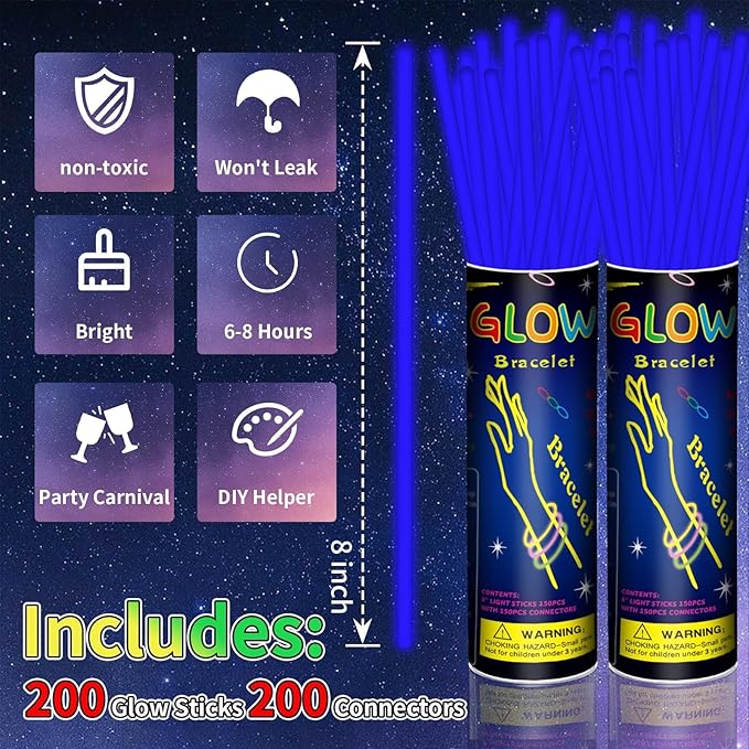200 Pack 8'' Glow Sticks Bulk Party Favors Blue Light Up Sticks - Image 2