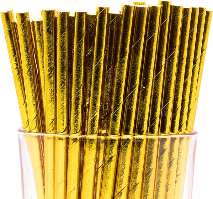 Pack of 900 Gold Foil Biodegradable 4-Ply Paper Drinking Straws by Stephanie+Imports