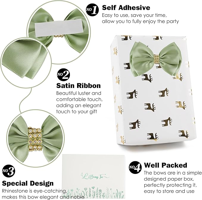Sage Green Bows 4'' Premade Satin Ribbon Bow, Gift Bows - Image 3