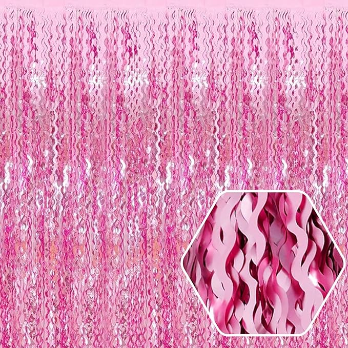 4 Pack Pink Wave Foil Fringe Curtain Backdrop, 3.28Ft x 8.2Ft Metallic Tinsel by Ferwzsr