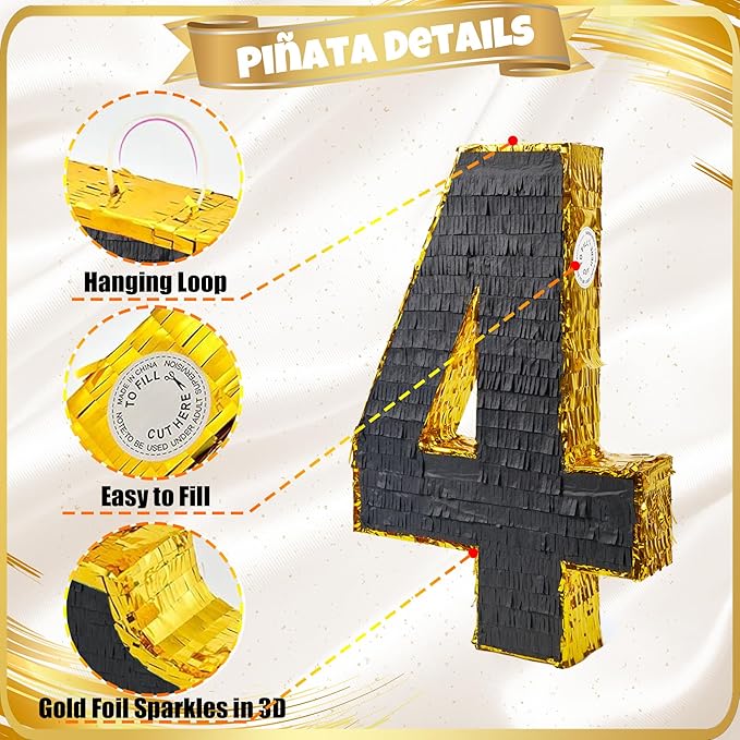 PCFING 20 Inch Number 4 Piñata Gold Black - Image 4