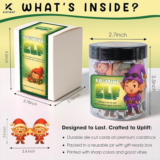 Positive Elf Jar – 60 Funny Emotional Support Elf, Christmas Gifts - Image 2