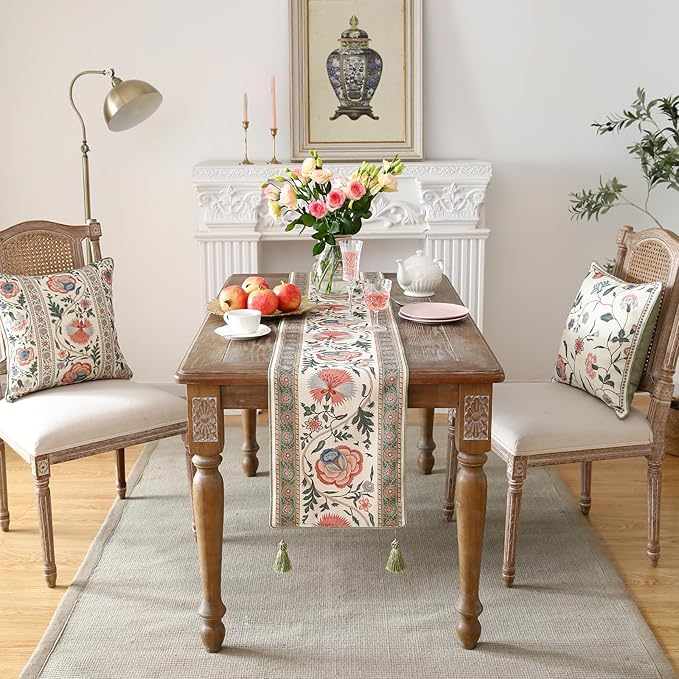 ISAENNE Designer Vintage Linen Table Runner 87 Inches Long, Elegant Floral - Image 9