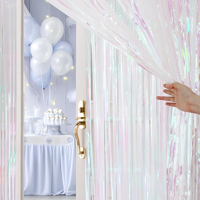2 Pack White Iridescent Streamers Backdrop, 3.3x6.6ft Foil Fringe Curtains - Image 8