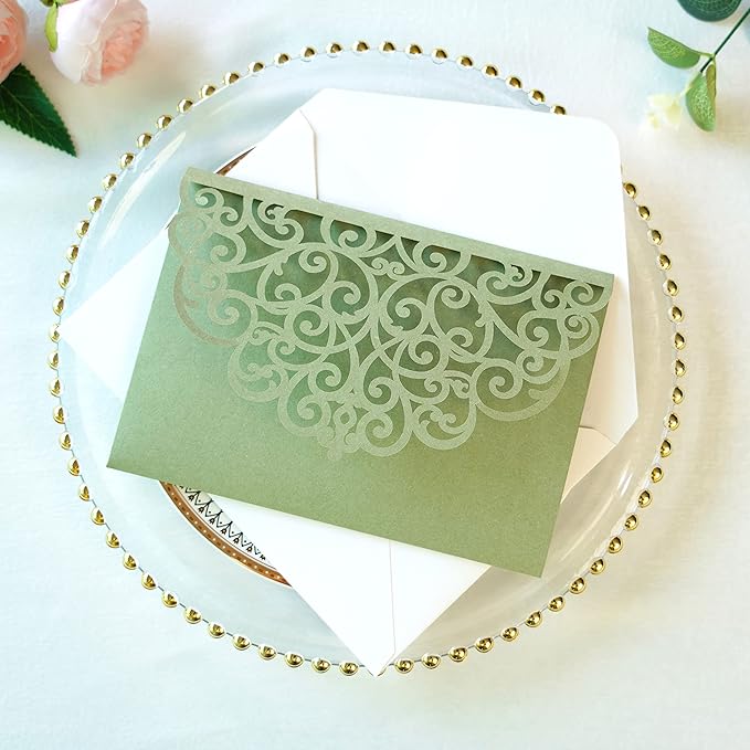ponatia 5.12 x 7.2 Sage Green Laser Cut Wedding Invitations - Image 4
