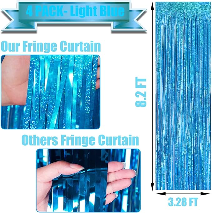 4 Pack Light Blue Tinsel Foil Fringe Curtain Backdrop, 3.28Ft x 8.2Ft Metallic - Image 2