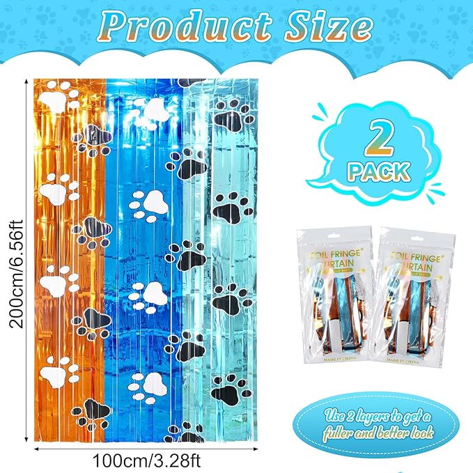 2 Pack 3.3X6.6Ft Blue Dog Foil Fringe Curtains Backdrop Decorations - Image 3
