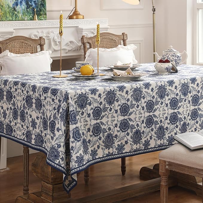 patdrea Designer Vintage Blue Long Rectangle Tablecloth, Linen Anti-Wrinkle - Image 3