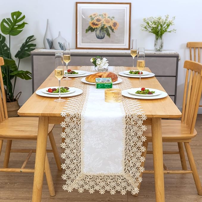 Beige lace Premium Rectangle Farmhouse Table Runner Waterproof OilProof by BrekSdat