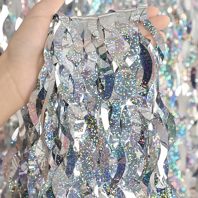 Silver Tinsel Backdrop- CYLMFC 3 Pack 3.3 ft x 6.6 ft Streamer Foil Fringe - Image 2