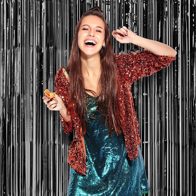 2 Pack Laser Black Foil Fringe Backdrop Curtains, Tinsel Streamers Birthday - Image 7
