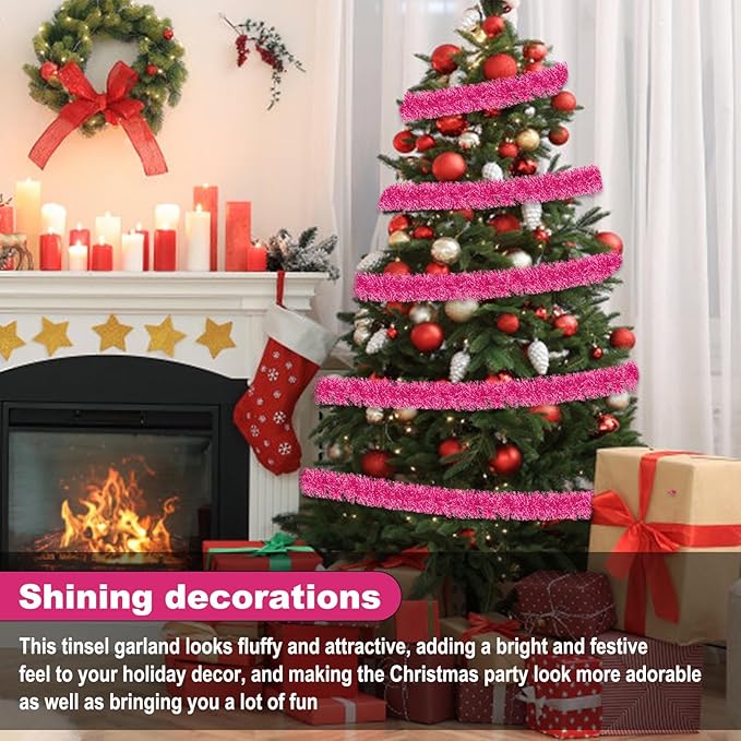 50 Feet Pink Christmas Tinsel Garland, Metallic Foil Twist Garland Wall Hanging - Image 4