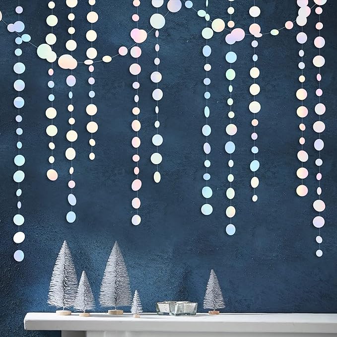 46 Ft White Iridescent Circle Dots Garland Hanging Holographic Polka Dots by pinkblume