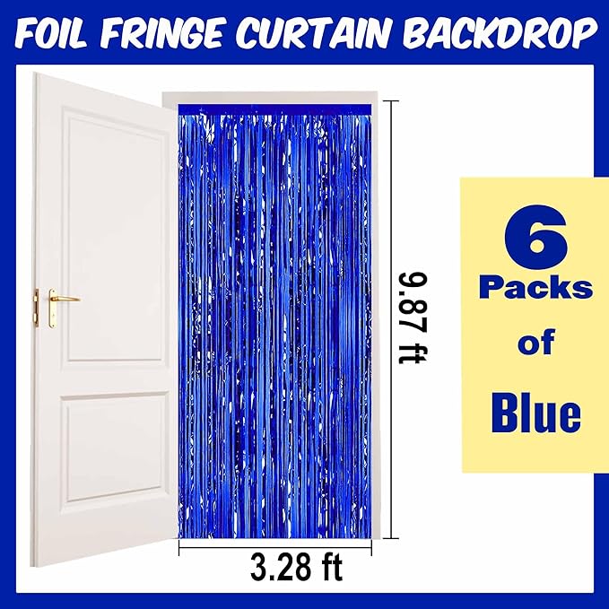 6 Pack 3.28x9.8 Ft Blue Foil Fringe Backdrop Curtains, Metallic Tinsel - Image 2