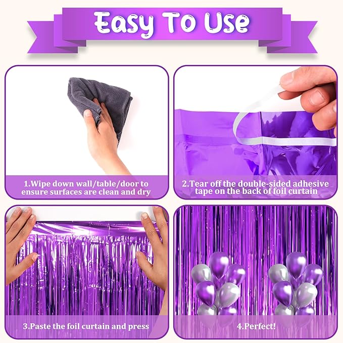 2 Pack Purple Tinsel Foil Fringe Curtains, Metallic Tinsel Party Streamers - Image 4