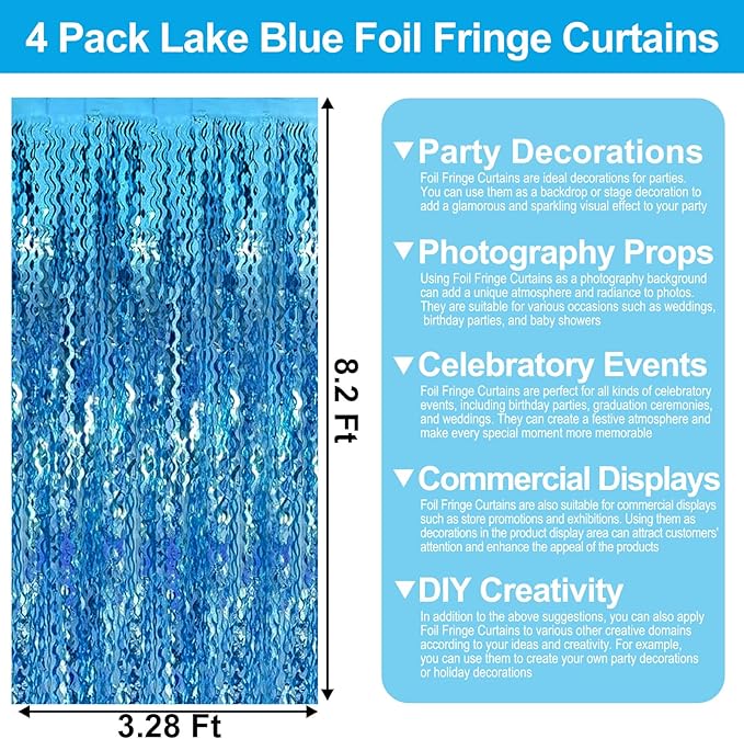 4 Pack Lake Blue Wave Foil Fringe Curtain Backdrop, 3.28Ft x 8.2Ft Metallic - Image 2