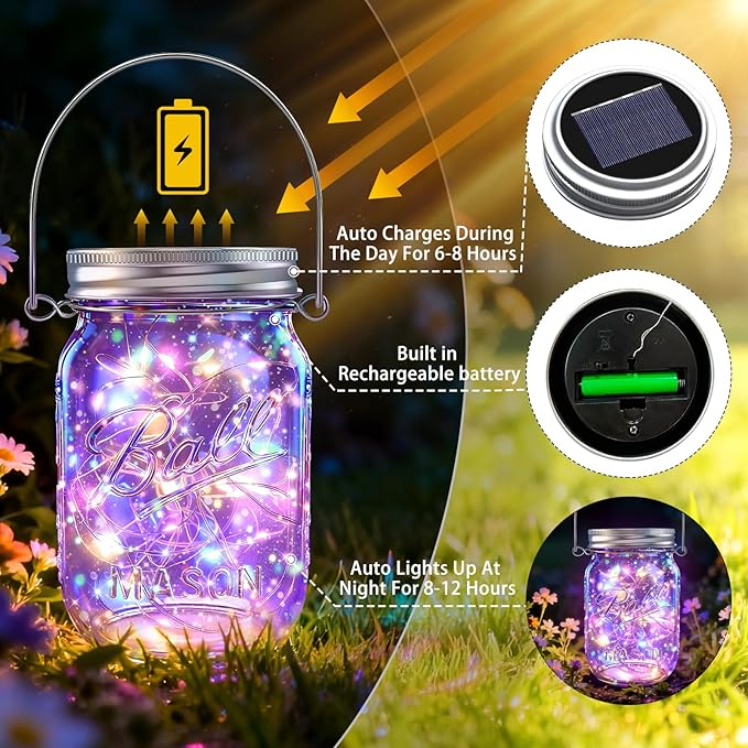 Solar Mason Jar Lights, 12 Pack 30 LED Firefly Fairy String Lights, Waterproof - Image 3