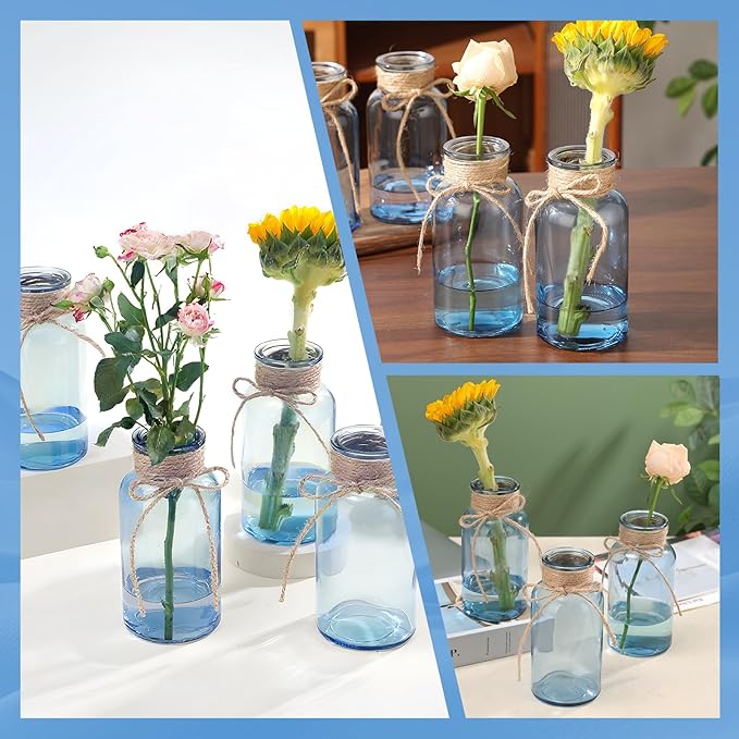 Blue Glass Flower Vases for Centerpieces Set of 12, Mason Jars Boho Cylinder - Image 3