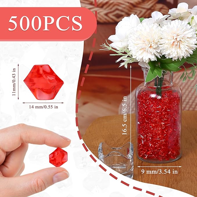 LAIDANLA 500PCS Red Acrylic Gems Vase Fillers Red Fake Ice Cubes Plastic - Image 4
