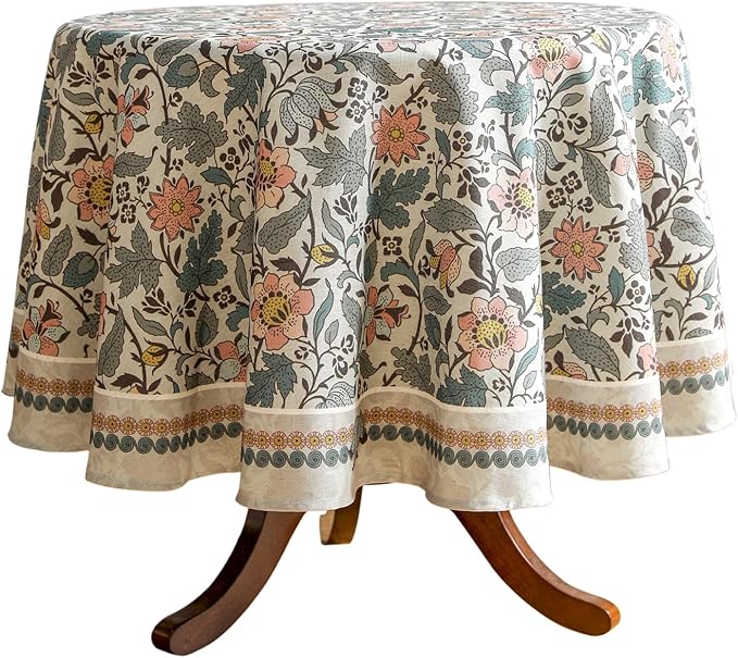 ISAENNE Designer Boho Floral Round Tablecloth, Linen Lotus Flower Pattern by Isaennehomedecoration